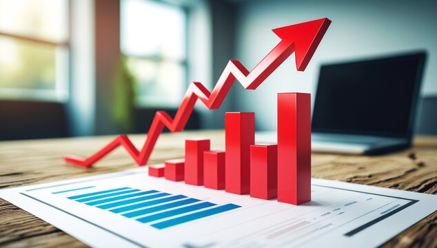 In a contemporary office, bold stacked bar graphs and red downward arrows illustrate a financial infographic, highlighting market trends and performance data