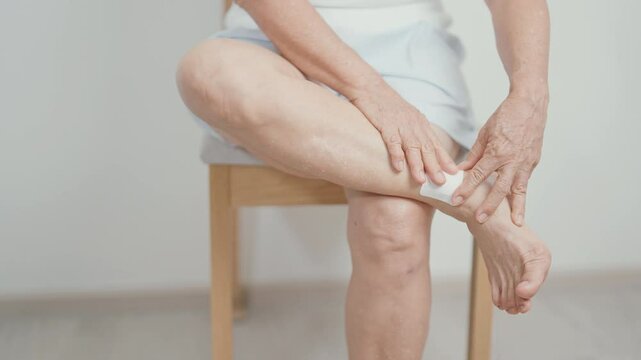 Elderly woman having leg pain with Medicated pain relief patch plaster for Ankle Sprains or Achilles Tendonitis and Shin Splints ache. injury, hyperuricemia disease, Gout and Senior Health care