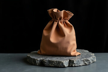 Brown linen pouch with hemp tie on polished black stone, AI-generated

