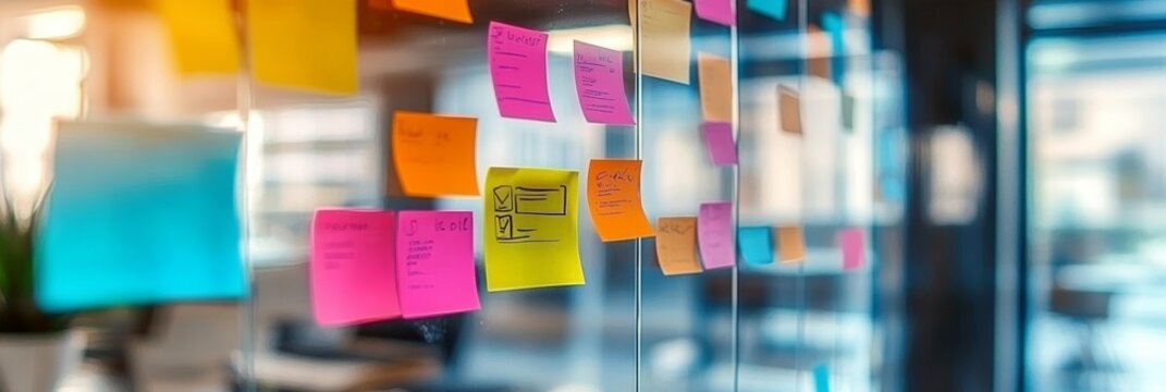 Team Collaboration in Workshop Brainstorming Ideas with Colorful Sticky Notes on Glass Panel