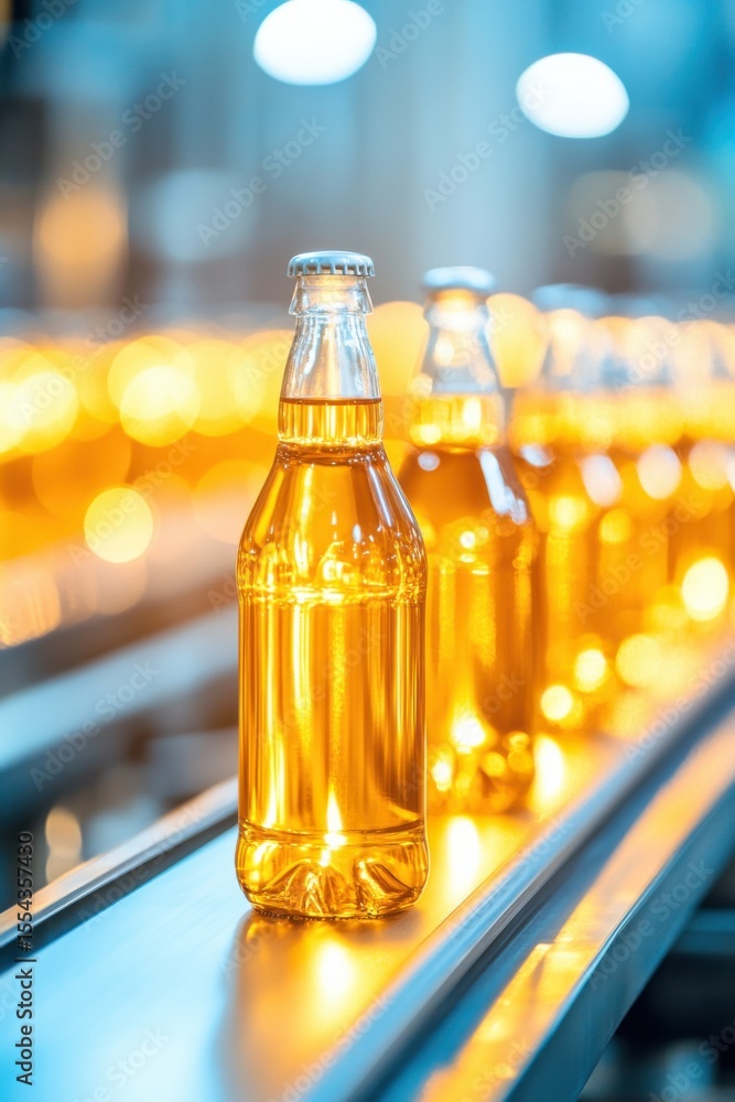 Poster busy production line in beverage factory with employees managing operations and transporting bottles