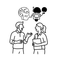 Line icon of two people discussing artificial intelligence with brain and robot symbols, representing AI collaboration, tech conversation, innovation, and machine learning dialogue.