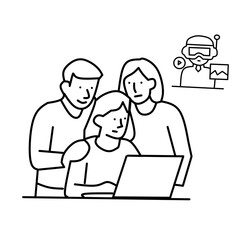 Line icon of group learning or working on laptop with virtual reality content, representing online education, teamwork, digital collaboration, and metaverse-based learning.
