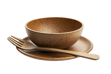 Front-facing view of kraft bowl sitting on plate isolated on transparent background