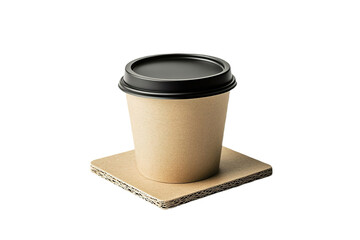 Side view of coffee cup resting on kraft coaster isolated on transparent background