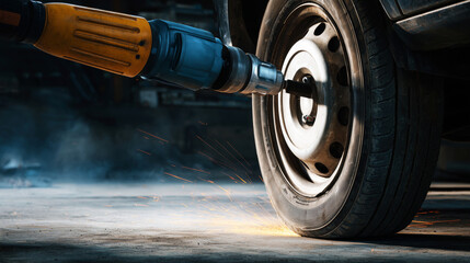 Close-up of mechanic removing car wheel with impact wrench, dynamic motion blur, garage floor surface, tire replacement in progress