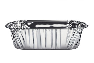 Side view of shiny foil container with crimped edge isolated on transparent background
