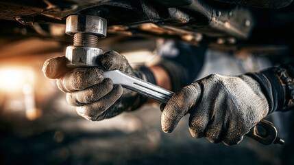 Close-up of mechanic’s gloved hands tightening bolt with wrench under car, undercarriage view, high detail, garage workshop lighting