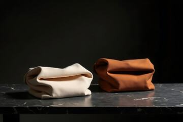 Two folded cloth bags on matte black granite with warm light and shadows, AI-generated