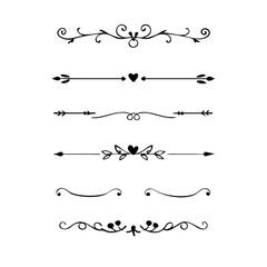 Vector dividers calligraphic line element.Set of Black Hand Drawn Rustic Doodle Design Elements. Decorative Floral Swirls, Scrolls, Text Frames, Dividers. Vintage Vector Illustration. 
