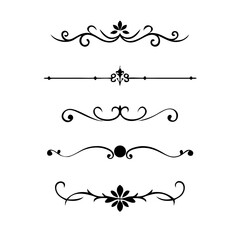 Vector dividers calligraphic line element.Set of Black Hand Drawn Rustic Doodle Design Elements. Decorative Floral Swirls, Scrolls, Text Frames, Dividers. Vintage Vector Illustration. 
