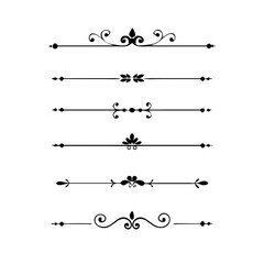 Vector dividers calligraphic line element.Set of Black Hand Drawn Rustic Doodle Design Elements. Decorative Floral Swirls, Scrolls, Text Frames, Dividers. Vintage Vector Illustration. 
