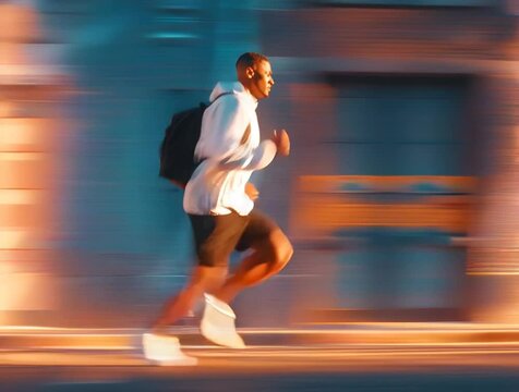 A dynamic and cinematic shot of a lone running guy, wearing a white windbreaker and black shorts, carrying a black backpack, running against a blurred city background. The runner's movement conveys en