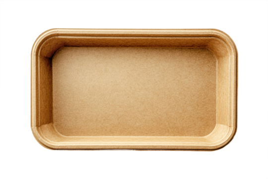 Top view of empty brown kraft food tray shallow isolated on transparent background