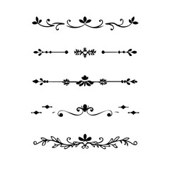 Vector dividers calligraphic line element.Set of Black Hand Drawn Rustic Doodle Design Elements. Decorative Floral Swirls, Scrolls, Text Frames, Dividers. Vintage Vector Illustration. 
