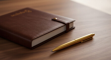 Luxurious Brown Leather Notebook and Gold Pen on Wooden Desk Elegant Office Supplies