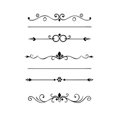 Vector dividers calligraphic line element.Set of Black Hand Drawn Rustic Doodle Design Elements. Decorative Floral Swirls, Scrolls, Text Frames, Dividers. Vintage Vector Illustration. 
