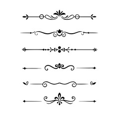Vector dividers calligraphic line element.Set of Black Hand Drawn Rustic Doodle Design Elements. Decorative Floral Swirls, Scrolls, Text Frames, Dividers. Vintage Vector Illustration. 
