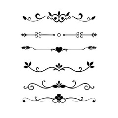 Vector dividers calligraphic line element.Set of Black Hand Drawn Rustic Doodle Design Elements. Decorative Floral Swirls, Scrolls, Text Frames, Dividers. Vintage Vector Illustration. 

