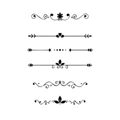 Gold text dividers doodle set. Wedding decorative elements. Divider ornament, borders, floral, vintage line separators. Hand drawn vector illustration isolated on white background. Set page dividers.
