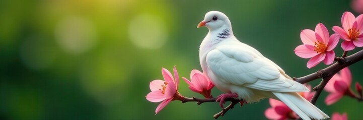 Fototapeta premium Peaceful white dove rests on vibrant flower branch , design, dove, blossom