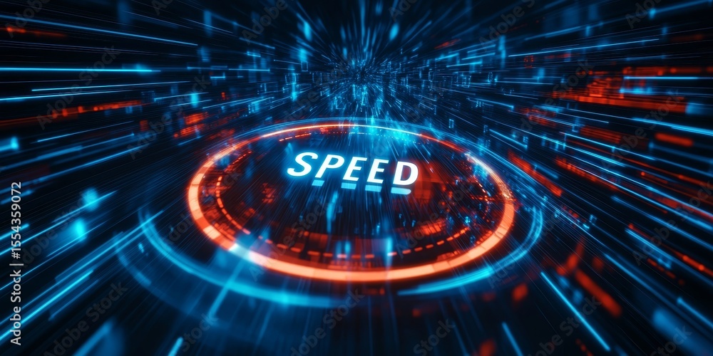Poster futuristic speed gauge with fiber optics data network illuminated for high-speed technology use