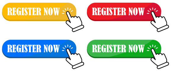 Register now button vector illustration for web design and online registration form call to action graphic. Register now buttons in red, green, blue, and yellow colors on white background