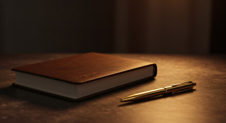 Luxurious Brown Leather Notebook and Gold Pen on Dark Desk Warm Lighting