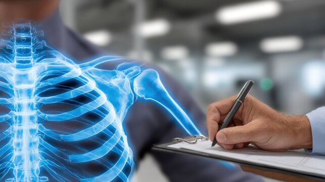 Medical consultation, X-ray overlay on patient's torso. Doctor's hand writes on clipboard