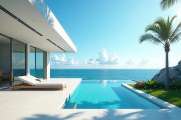 Fototapeta premium Sleek minimalist beach house, infinity pool, ocean vista, glass, luxury lifestyle, sunrise