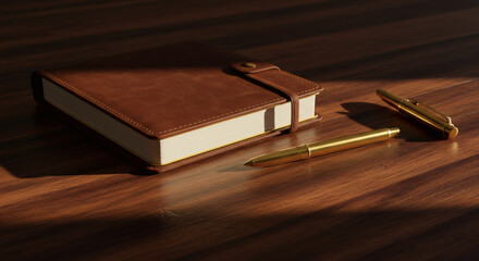 Luxurious Brown Leather Notebook and Gold Pens on Wooden Desk Elegant Office Stationery