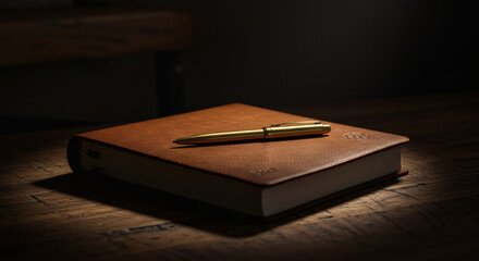 Elegant Gold Pen Resting on a Luxurious Leather Journal Desk Setting