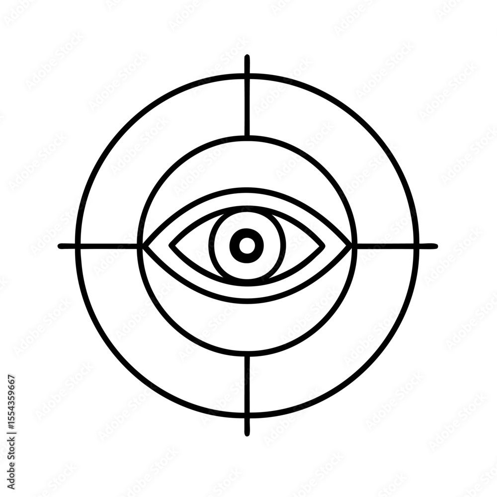 Poster eye symbol inside a target with concentric circles crosshairs on background vision