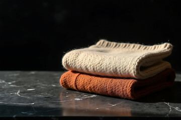 Two folded woolen garments on matte black surface, soft light, AI-generated


