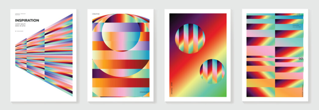 Rainbow bridge gradient poster background vector set. Cover template with vibrant perspective geometric prism shapes. Ideal design for social media, cover, banner, flyer.