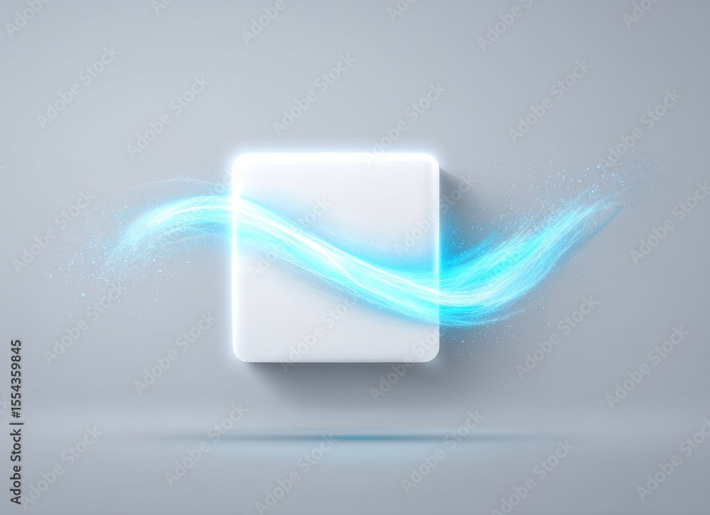 Poster within a square shape, abstract blue energy radiates bright light as it swirls, creating a modern gr