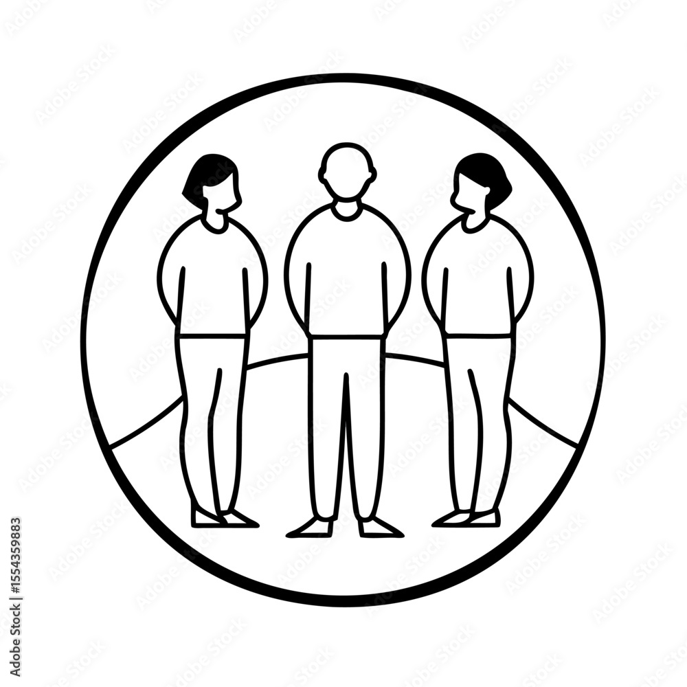 Poster three stylized figures inside a circle with a simple handdrawn line art style on a background