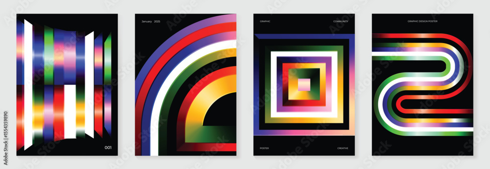 Poster bifrost rainbow bridge gradient poster background vector set. cover template with vibrant perspectiv
