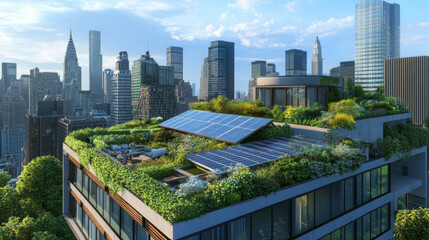 Obraz premium Rooftop garden with solar panels in an urban setting