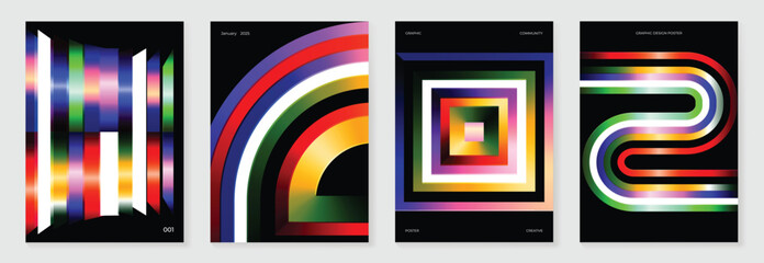 Obraz premium Rainbow bridge gradient poster background vector set. Cover template with vibrant perspective geometric prism shapes. Ideal design for social media, cover, banner, flyer.