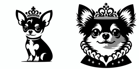 A Chihuahua Dog Wear Princess Crown. Cartoon Animal Clipart Silhouette Vector Illustration Line Art Illustration. Tiny canine in regal headpiece tiara on small pet for play.