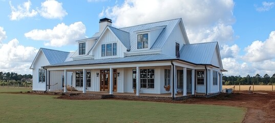Beautiful modern farmhouse with elegant design, metal roof, and charming wraparound porch outdoors