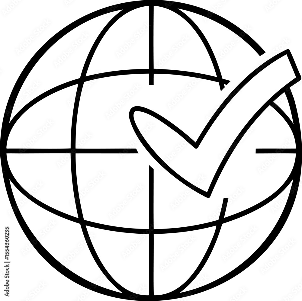 Poster globe with checkmark symbol representing global approval or verification in line art style