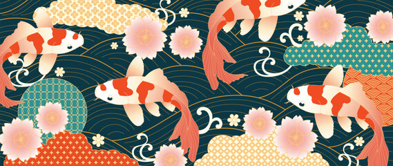 Luxury oriental pattern background vector. Chinese and Japanese oriental line art with sea wave, koi fish, cherry blossom, cloud. Elegant ocean landscape illustration design for wall art, wallpaper. © TWINS DESIGN STUDIO