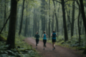 Fototapeta premium blurry photo of people jogging in the middle of the forest while enjoying the fresh air in the forest, there are many dense trees on the right and left
