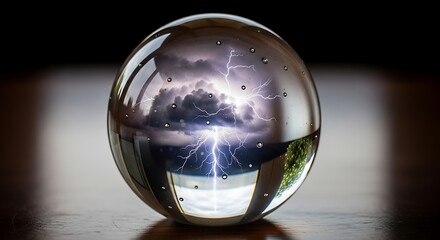 A crystal ball reflecting a stormy sky with lightning.