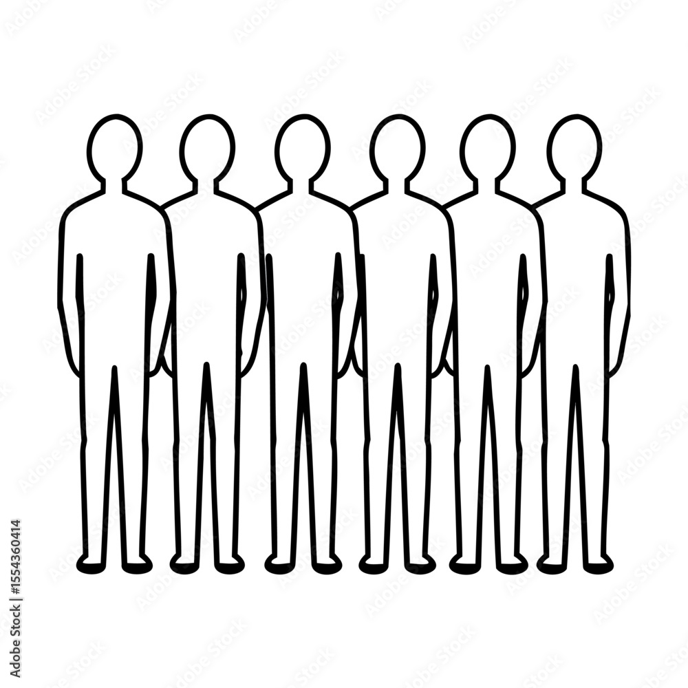 Poster six outline figures standing in a row on a background simple line art people group