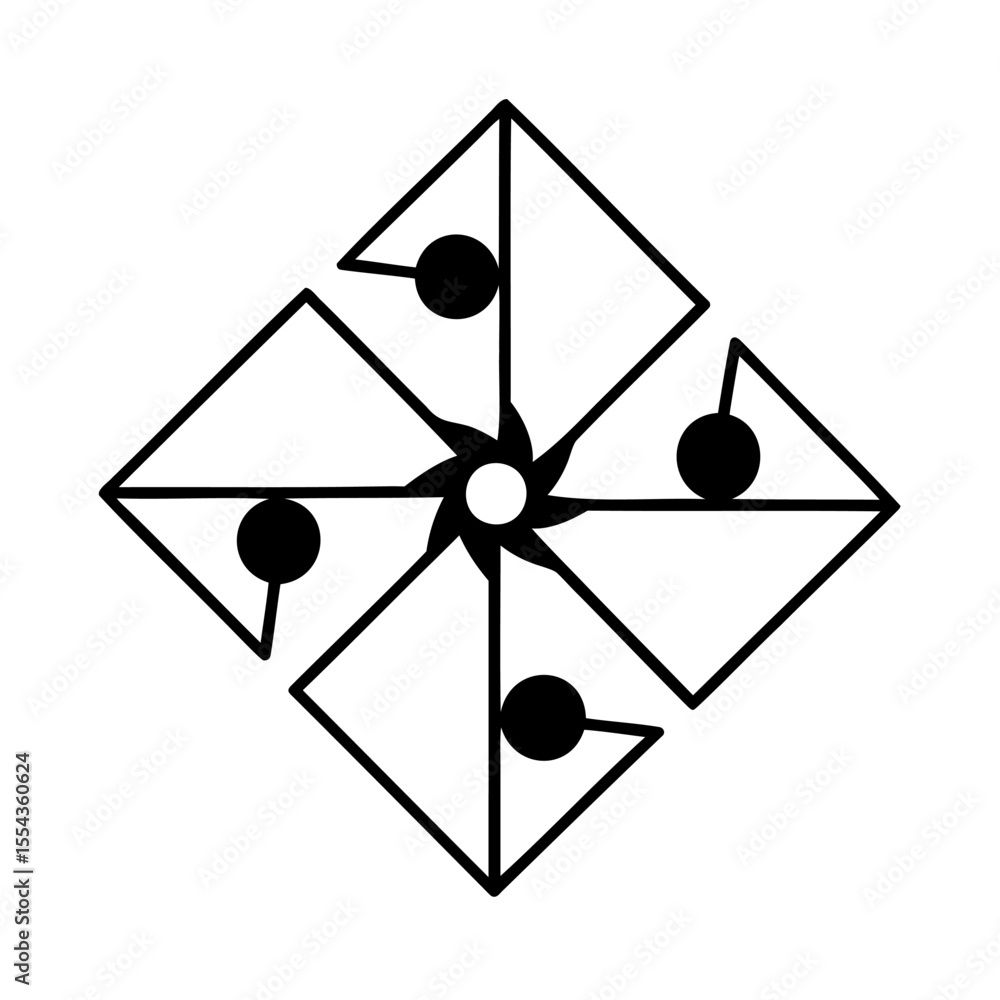 Poster geometric design with four squares circles arranged around a central starburst shape
