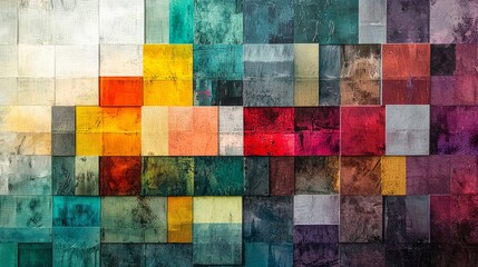 Layered mosaic grid with a high-tech polygonal texture in a vibrant gradient of colors, symbolizing digital art, abstract design, and modern technology