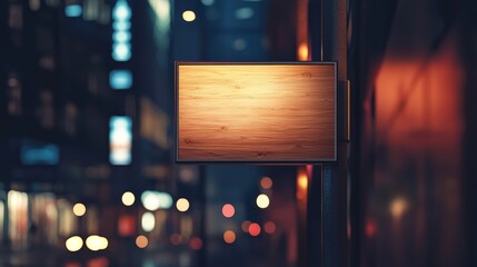 Mockup of a sleek, modern wooden signboard illuminated by subtle light against a blurred city night background, symbolizing urban advertising or business branding